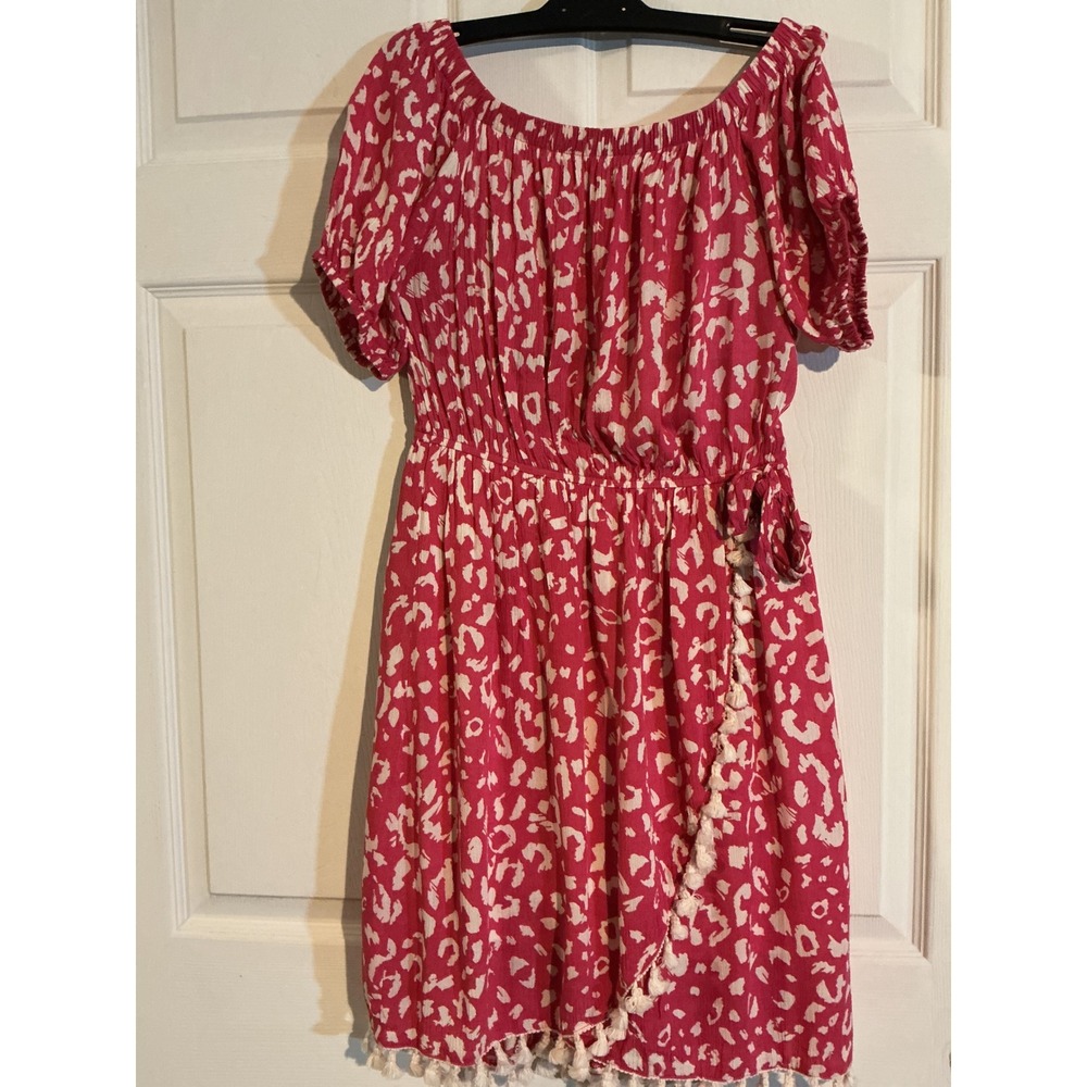 Andree by UNIT Pink Animal Print Tassel Mini Dress Off Shoulder Womens‎ Small